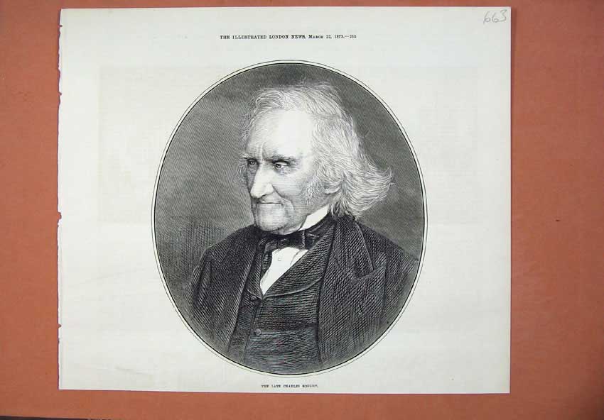 Original Old Antique Print 1873 Portrait Charles Knight Man Fine Art Victorian