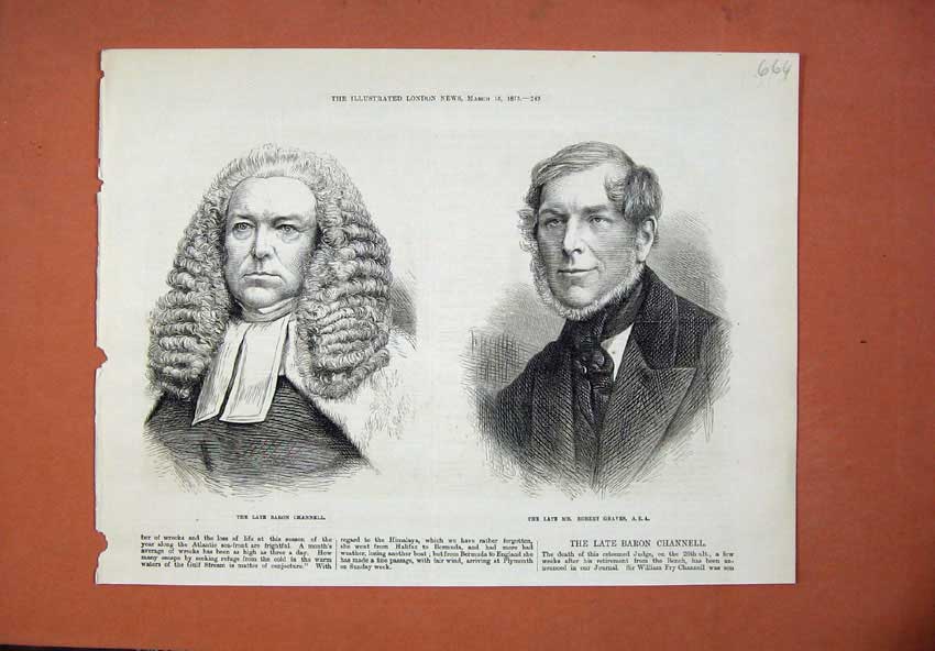 Original Old Antique Print 1873 Late Baron Channell Judge Mr Robert Graves 19th