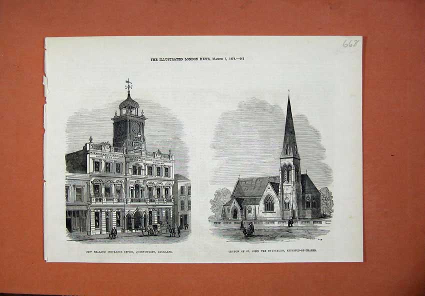 Original Old Antique Print 1873 New Zealand Insurance Office Church Evangelist