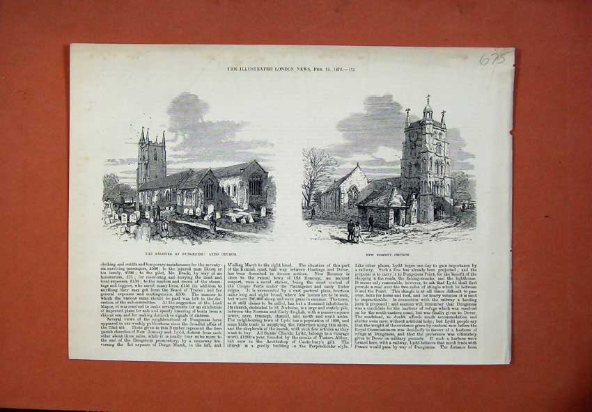 Original Old Antique Print 1873 Disaster Dungeness Lydd Church Romney Victorian