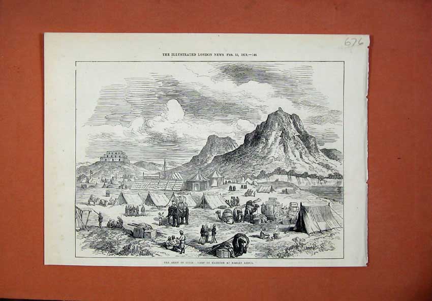 Original Old Antique Print 1873 Army India Camp Exercise Hassan Abdul Elephants