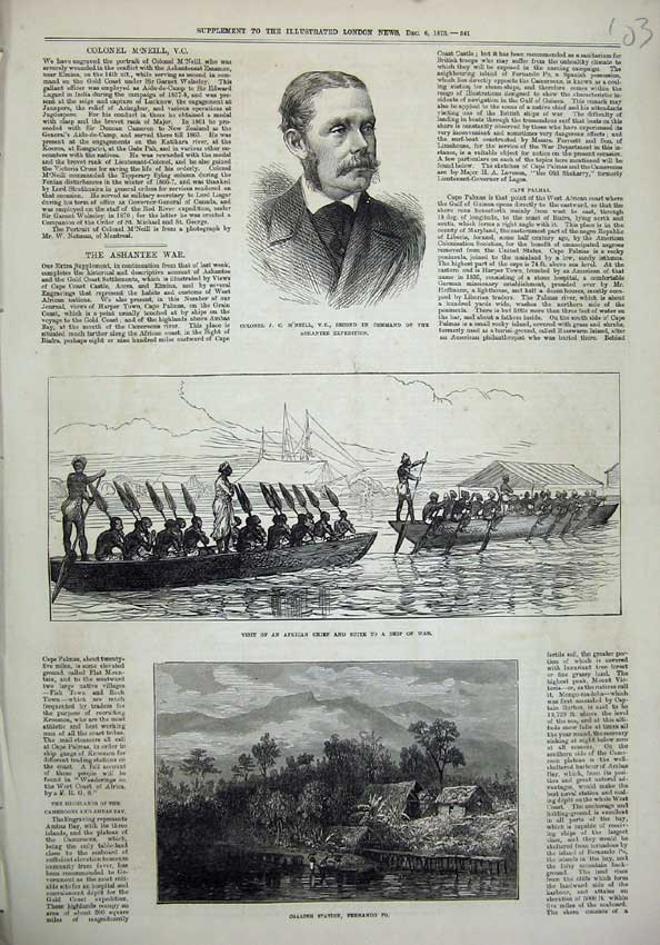 Old Antique Print 1873 Colonel M'Neill War Ship Coaling Station Fernando 19th