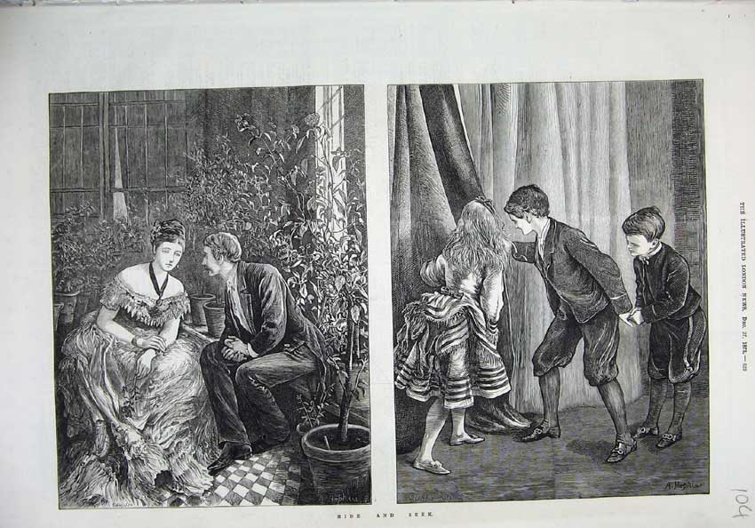 Original Old Antique Print 1873 Hide Seek Children Games Man Woman Romance Art