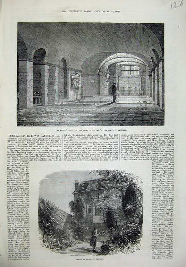 Original Old Antique Print Artists Crypt Pauls Cathedral Landseer Grave Hogarth