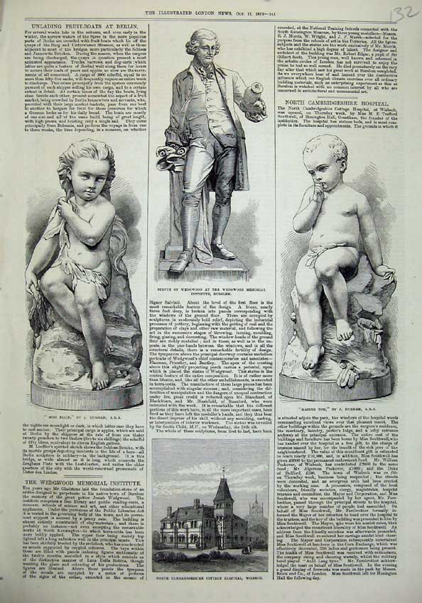 Old Antique Print 1873 Statue Wedgwood Master Tom Ellie Hospital Wisbech 19th