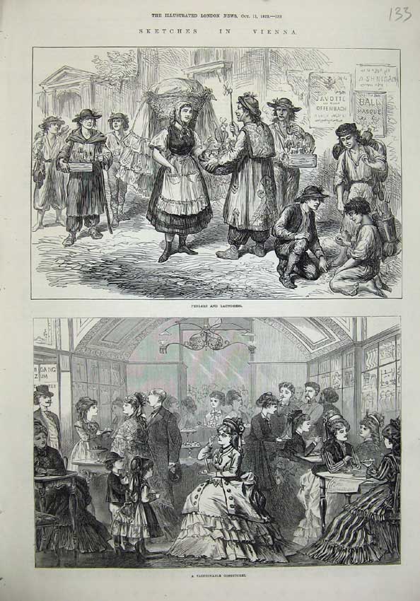 Original Old Antique Print Vienna 1873 Pedlars Laundress Fashionable Conditorel