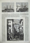 Original Old Antique Print 1873 Spain Street Barcelona Ship London Bridge Whale