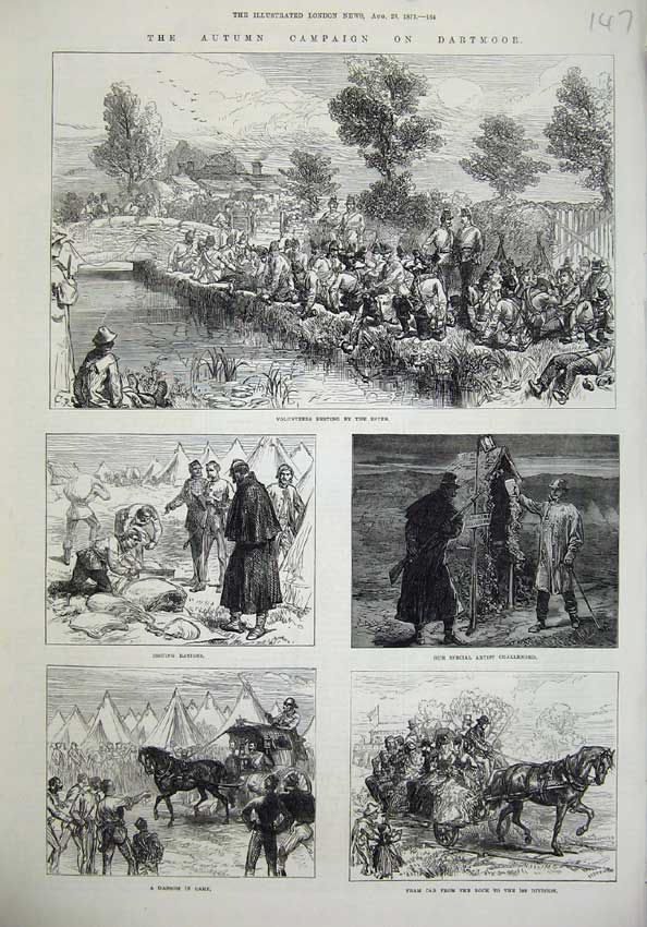 Original Old Antique Print 1873 Dartmoor River War Horse Cart Food Hansom Camp