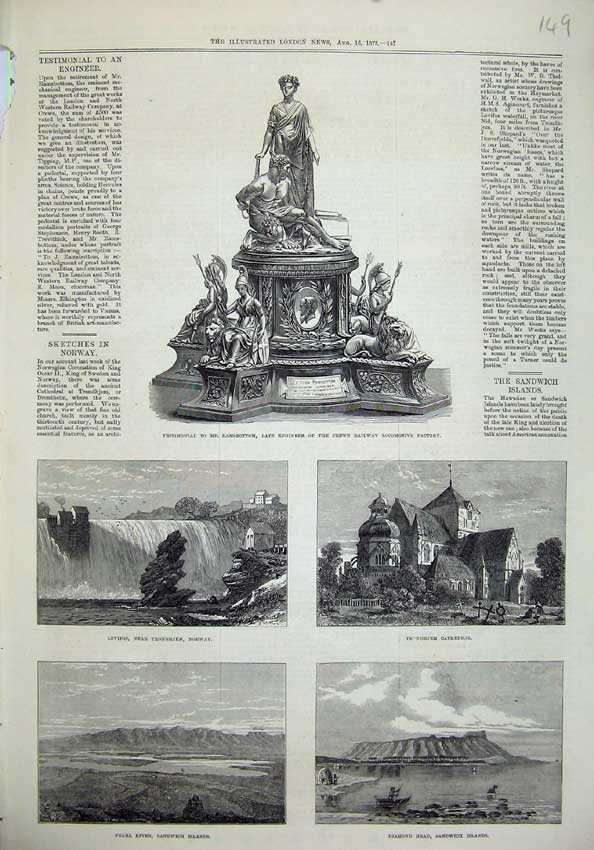 Old Antique Print 1873 Ramsbottom Crewe Railway Norway Sandwich Islands 19th