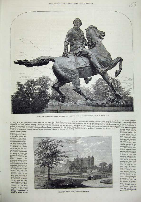 Old Antique Print Statue Outram Calcutta Waterloo 1873 Stamford Park Art 19th