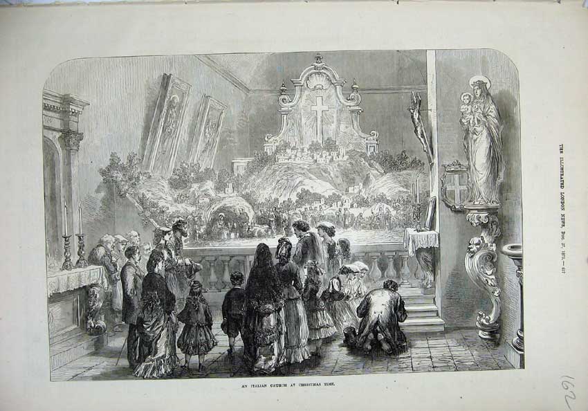 Original Old Antique Print 1873 Scene Italian Church Christmas Time Children