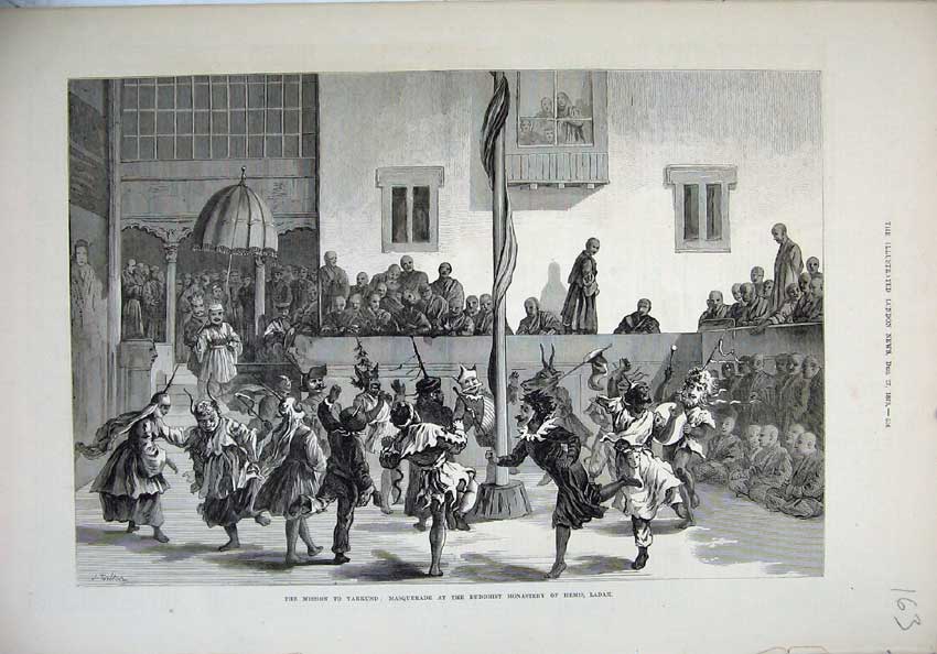 Old Antique Print 1873 Mission Yarkund Masquerade Buddhist Temple Ladak 19th