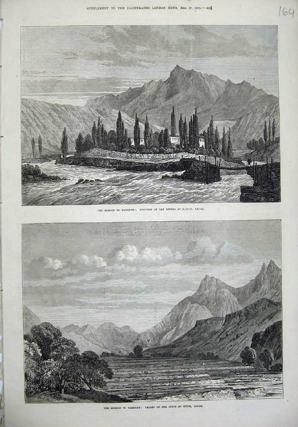 Old Antique Print 1873 Mission Yarkund Rivers Kargil Ladak Valley Indus 19th