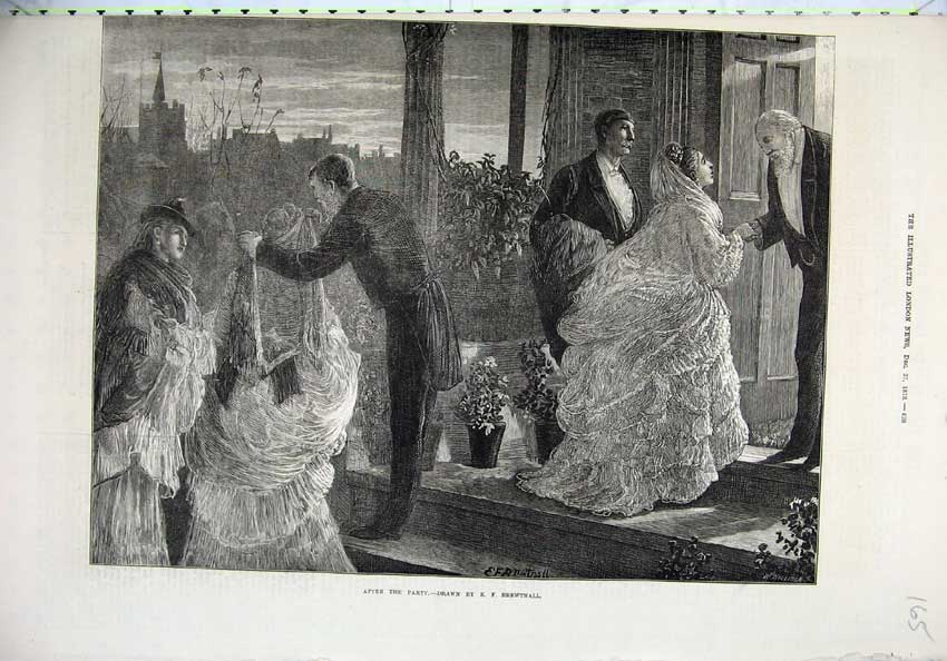 Original Old Antique Print 1873 Fine Art Men Women Romance Party Brewtnall 19th
