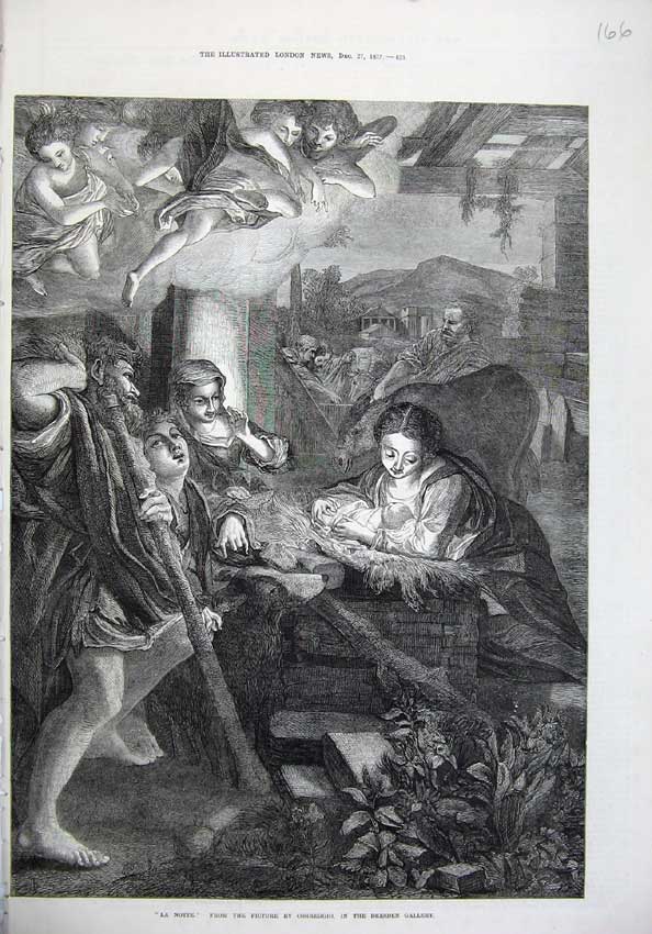 Old Antique Print 1873 La Notte Angels Baby Nativity Dresden Gallery Art 19th