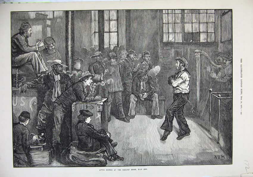 Old Antique Print 1873 After Dinner Sailors Home London Dancing Smoking 19th