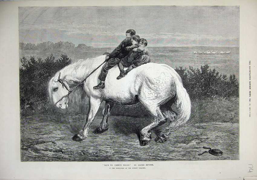 Original Old Antique Print 1873 Big White Horse Three Children Swan Rivierre