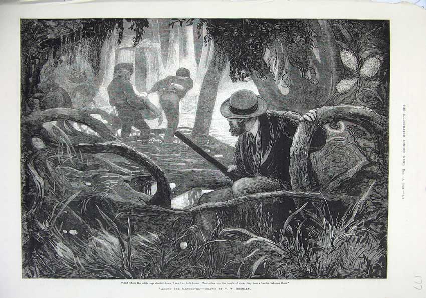 Original Old Antique Print 1873 Hunting Man Gun Trees Body Men Fine Art 19th