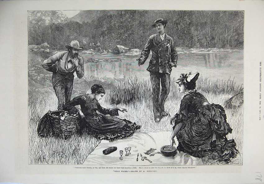 Original Old Antique Print 1873 Tita'S Wager Men Women Romance River Picnic Art