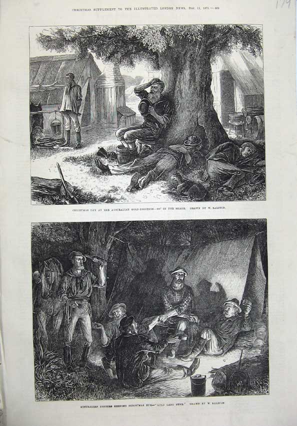 Original Old Antique Print 1873 Christmas Australian GDigging Singing Camp Art