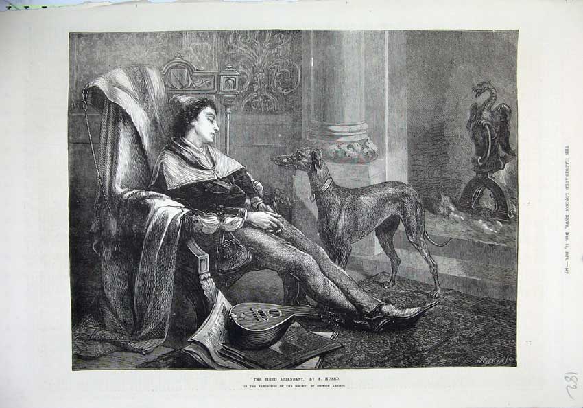 Original Old Antique Print 1873 Man Sleeping Chair Music Dog Fine Art Huard