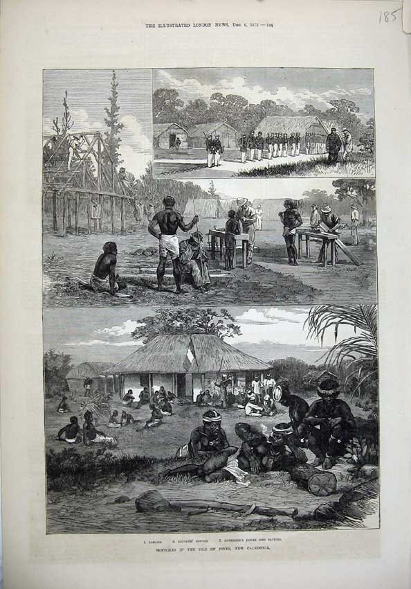 Original Old Antique Print 1873 Isle Pines Caledonia Convict'S Governor Natives