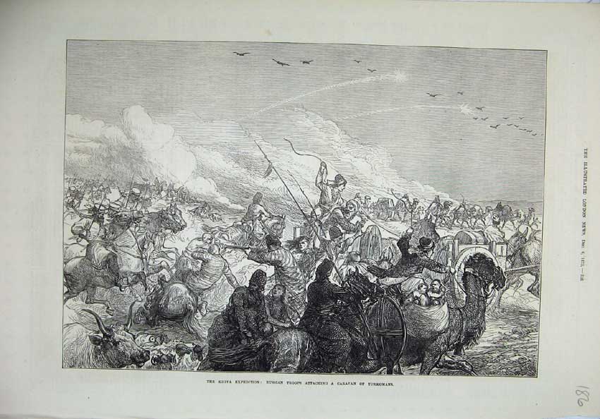 Old Antique Print Khiva Expedition 1873 Russian Troops Caravan Turkomans 19th