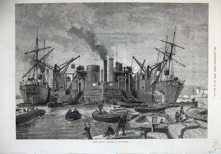 Original Old Antique Print 1873 Screw-Colliers Unloading River Thames Ships Art