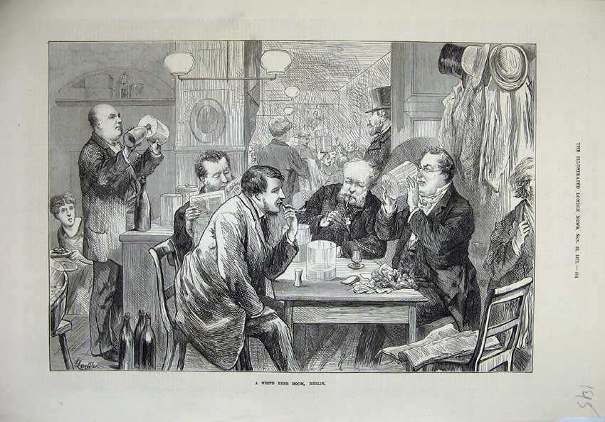 Original Old Antique Print 1873 White Beer Room Berling Germany Men Table Chair
