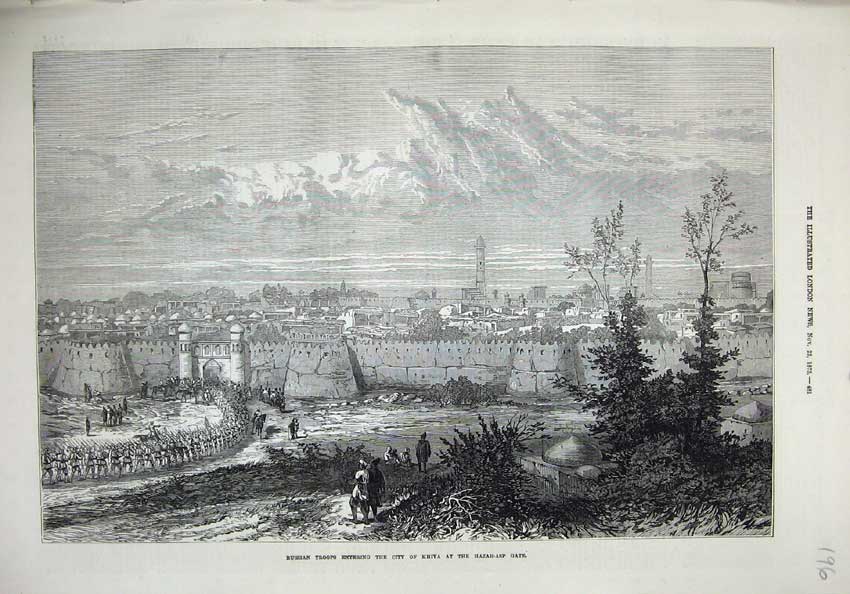 Old Antique Print 1873 Russian Troops City Khiva Hazar-Asp Gate Fine Art 19th