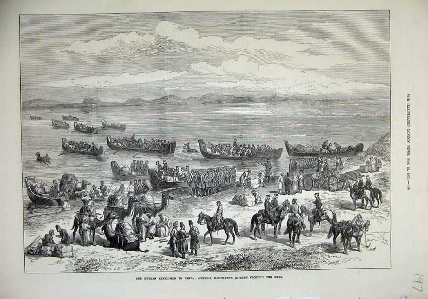 Old Antique Print 1873 Russian Expedition Khiva General Kaufmann Oxus War 19th