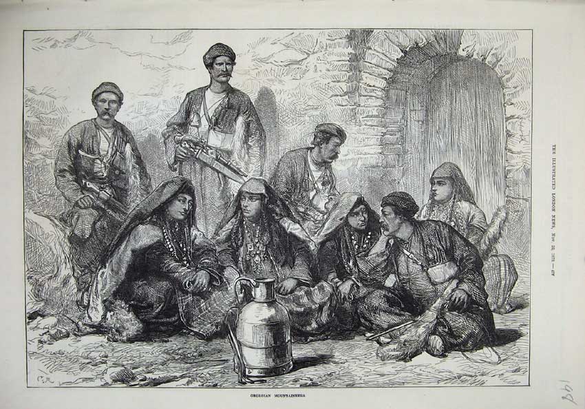 Old Antique Print 1873 Georgian Mountaineers Men Costume Weapons Fine Art 19th
