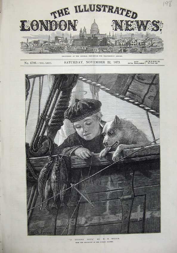 Original Old Antique Print 1873 Little Scottish Boy Dog Fishing Ship Fine Art