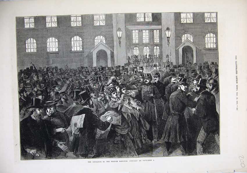 Original Old Antique Print 1873 Entrance French National Assembly Men Fine Art