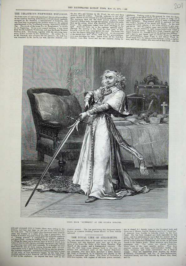 Original Old Antique Print Lyceum Theatre 1873 Scene Richelieu Man Big Sword