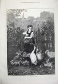 Old Antique Print 1873 Beautiful Woman Feeding Geese Bird Garden Fine Art 19th