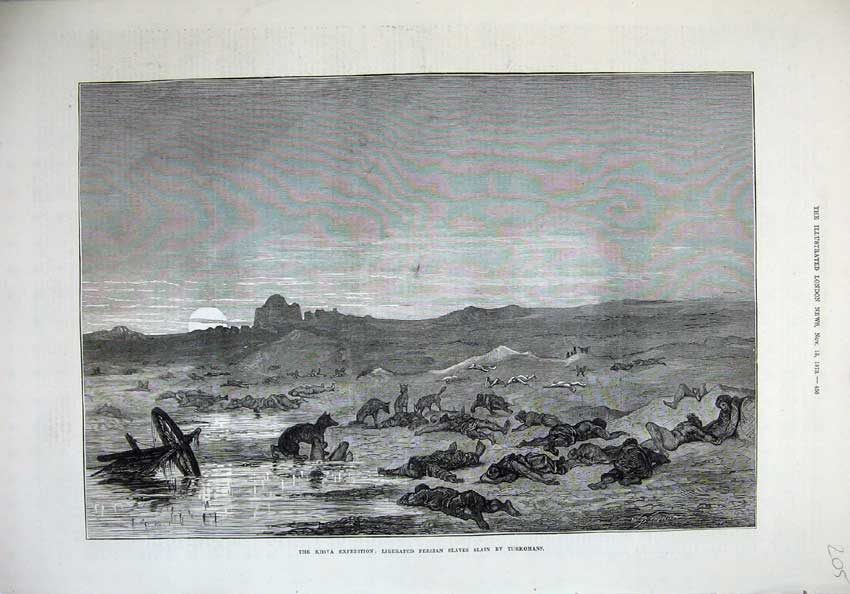 Old Antique Print 1873 Khiva Expedition Persian Slaves Killed Turkomans 19th