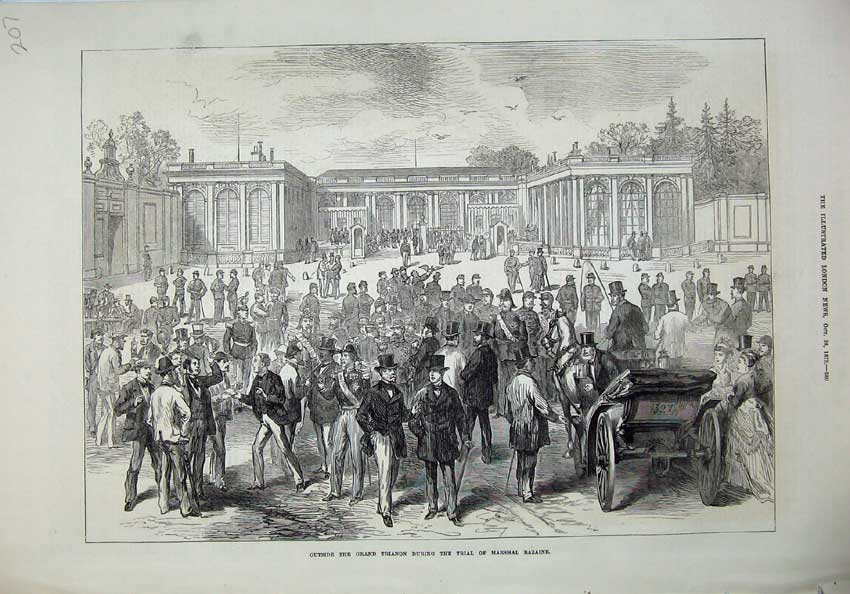 Old Antique Print 1873 Grand Trianon Trial Marshal Bazaine People Horse 19th