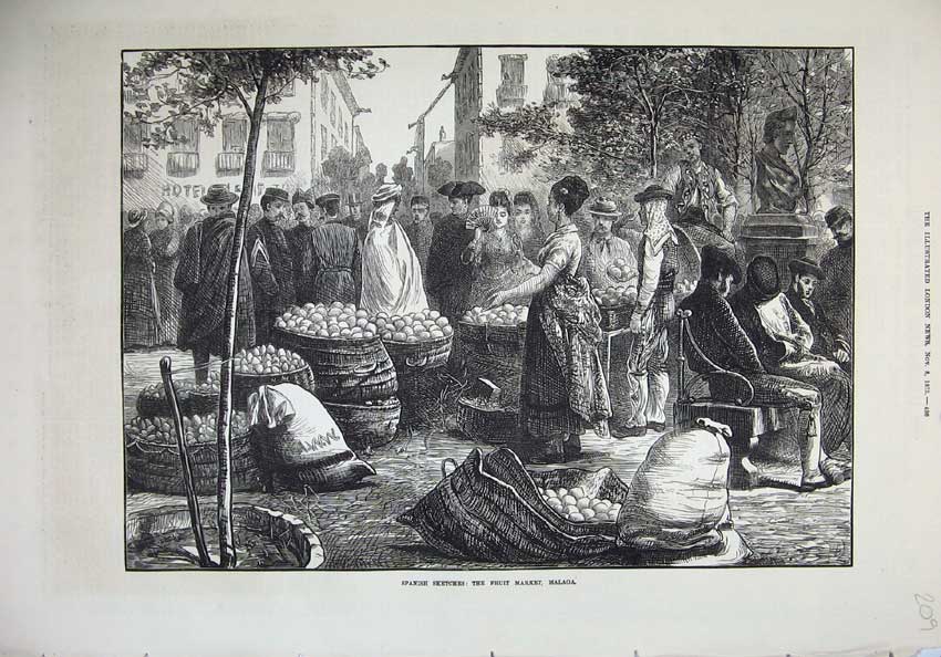 Old Antique Print 1873 Spain Fruit Market Malaga People Street Fine Art 19th