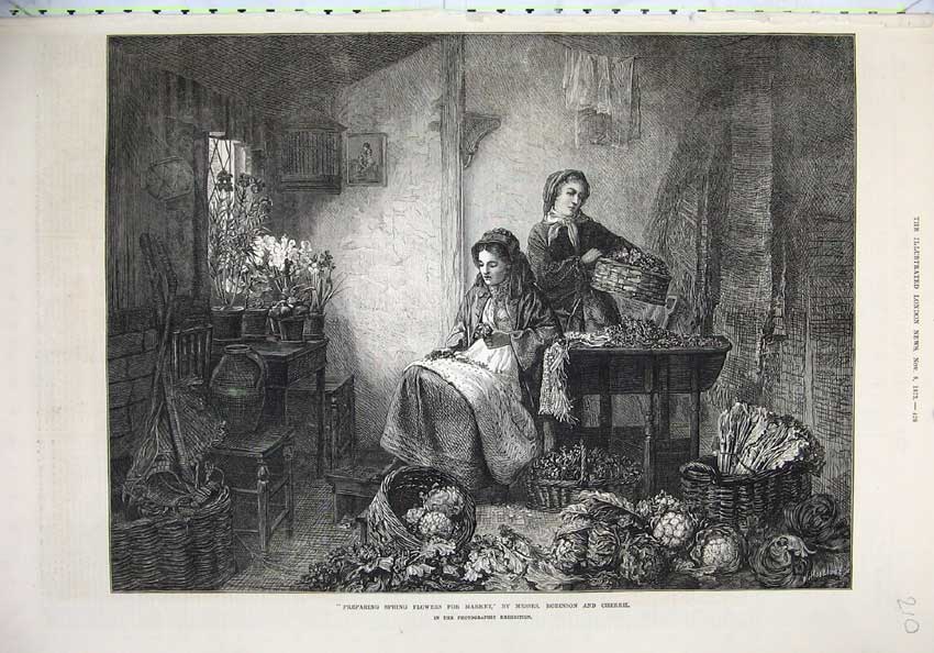Old Antique Print 1873 Spring Flowers Market Women Basket Table Fine Art 19th