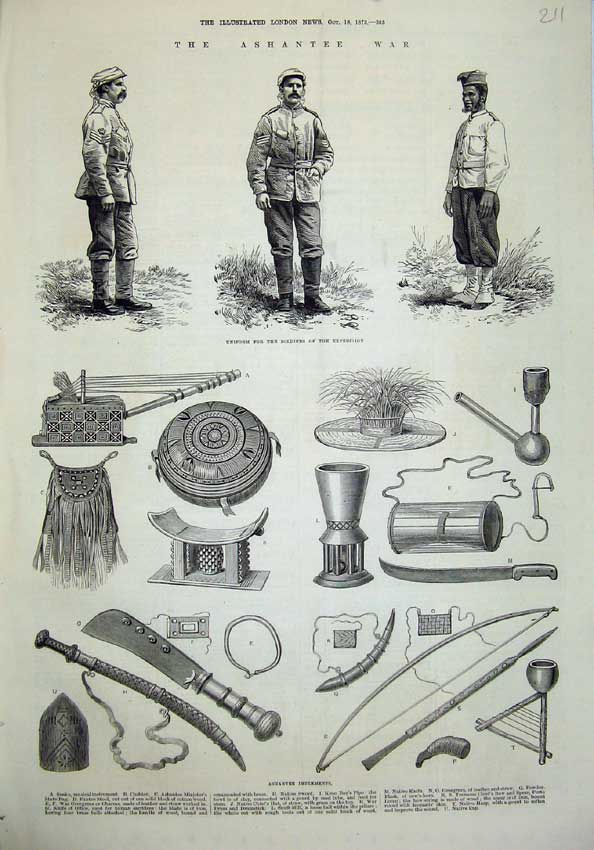 Original Old Antique Print Ashantee War 1873 Siers Uniform Implements Weapons