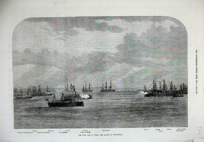 Original Old Antique Print Civil War Spain 1873 Escombrera Ships Diana Victoria