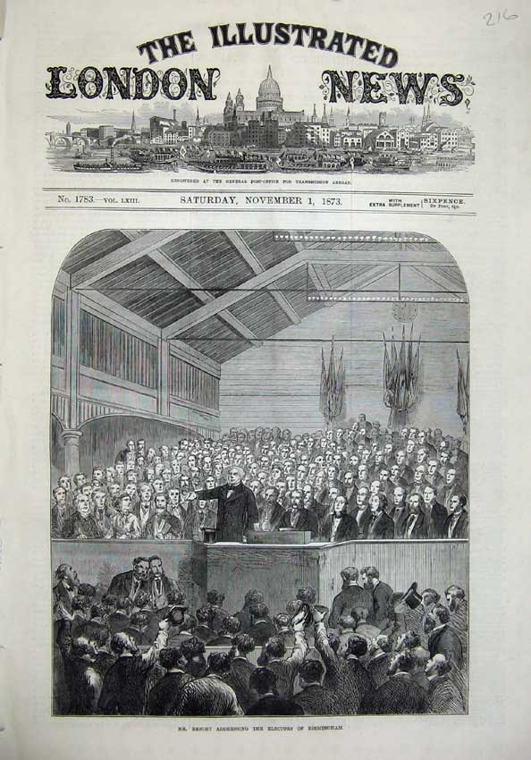 Original Old Antique Print 1873 Mr Bright Addressing Electors Birmingham Men
