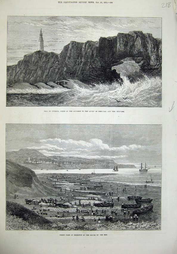 Old Antique Print 1873 Boca Do Inferno Rocks Ship Herring Fishing Exe Art 19th