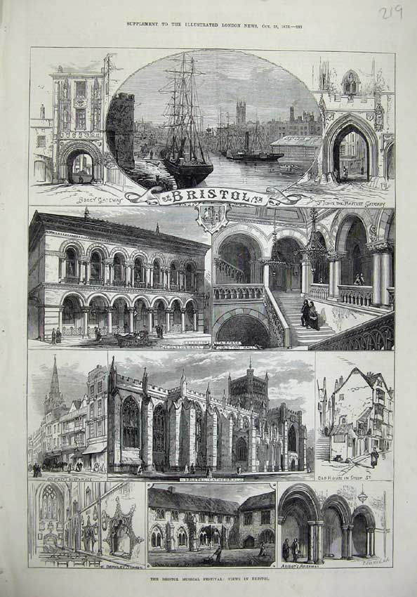 Old Antique Print 1873 Bristol Musical Festival Colston Abbey Berkley Art 19th