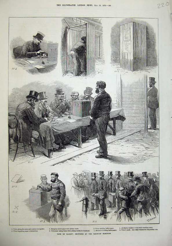 Original Old Antique Print 1873 Taunton Election Ballot Men Voter Guildhall