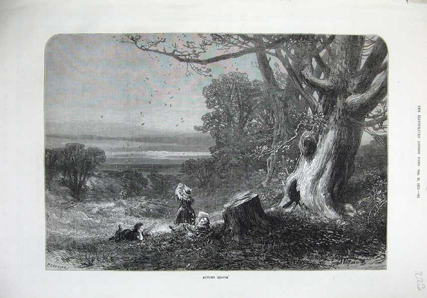 Original Old Antique Print 1873 Autumn Leaves Children Playing Trees Fine Art