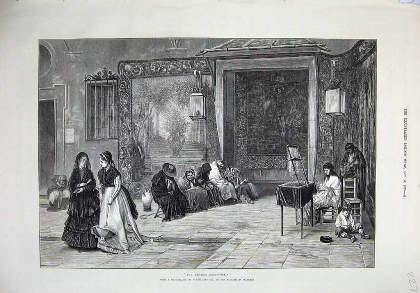 Old Antique Print 1873 Church Door Spain People Praying Painting Fine Art 19th