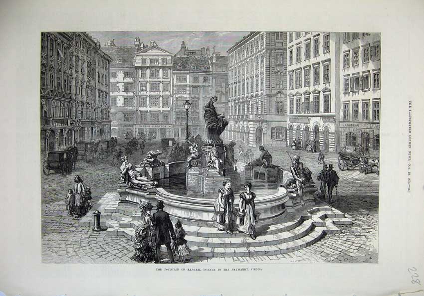 Original Old Antique Print 1873 Fountain Raphael Donner Neumarket Vienna Statue