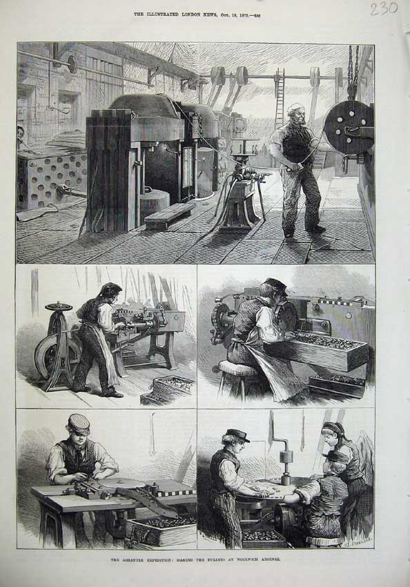 Old Antique Print 1873 Ashantee Expedition Bullets Woolwich Arsenal Art 19th